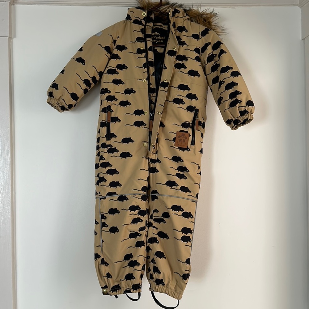 Mouse print wind and waterproof padded, insulated kids winter snowsuit